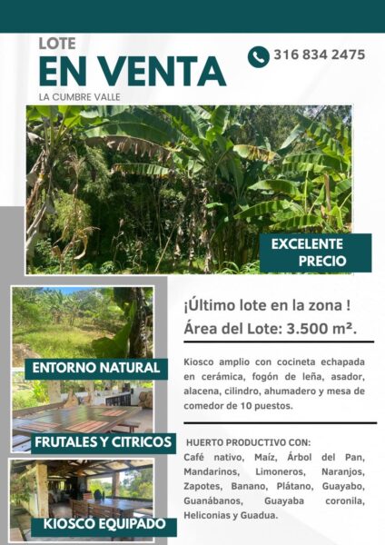 Venta lote 3.500 m² en La Cumbre, Valle del Cauca